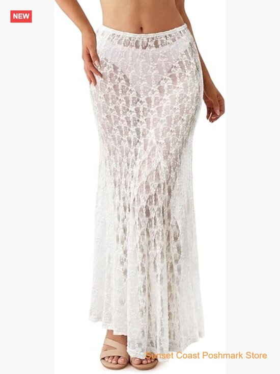 Dresses & Skirts - Sheer Lace High Waist A-Line Maxi Skirt Flowy Beach Cover Up